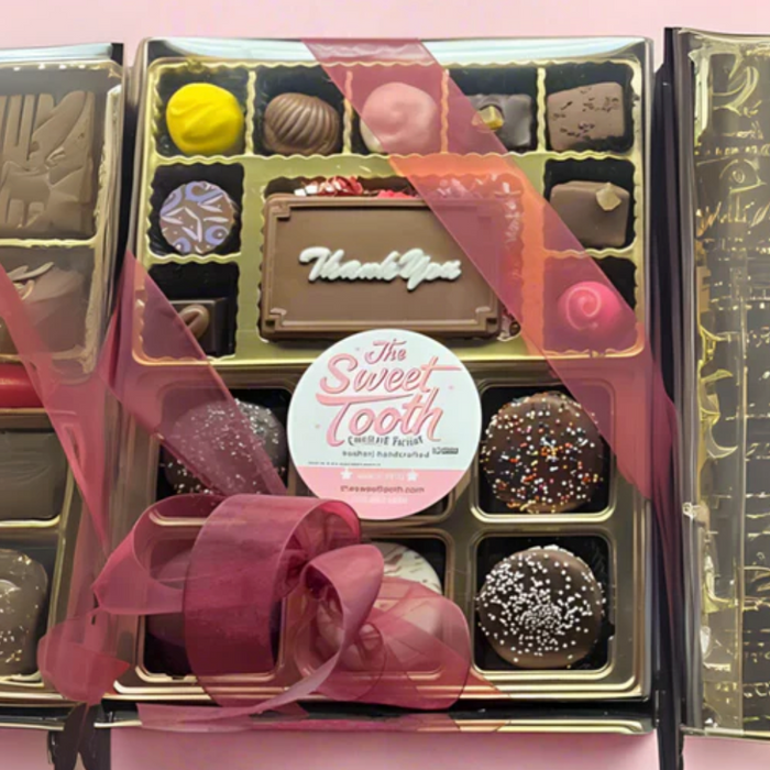 Elegant Thank You Chocolate Gift box assortment with truffles, chocolate dipped oreos, and our signature "Thank You" chocolate gift card plaque.