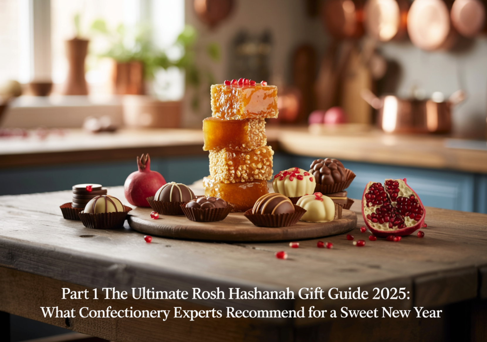Elegant Rosh Hashanah dessert display with gourmet chocolates and honey treats.