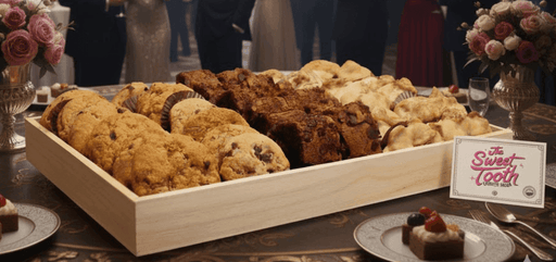 Assorted cookies and brownies in a wooden box with 'The Sweet Tooth' sign on a table.