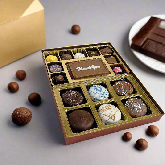 Thank You themed Say It With Chocolate truffle gift box with gourmet chocolates and custom message plaque in elegant packaging.
