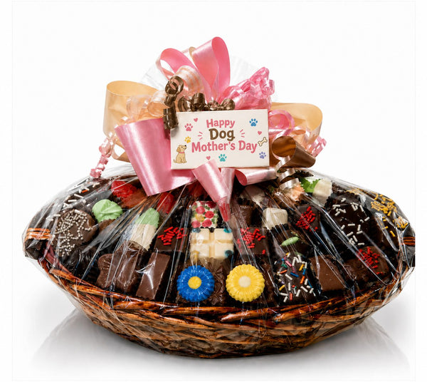 Dog Mother's Day Chocolate Basket β premium hand-crafted chocolate gift basket from The Sweet Tooth Miami, featuring a Happy Dog Mother's Day gift tag and pink ribbon