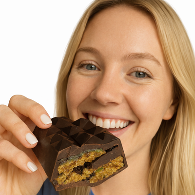Woman holding a Dubai pistachio chocolate bar with a white background