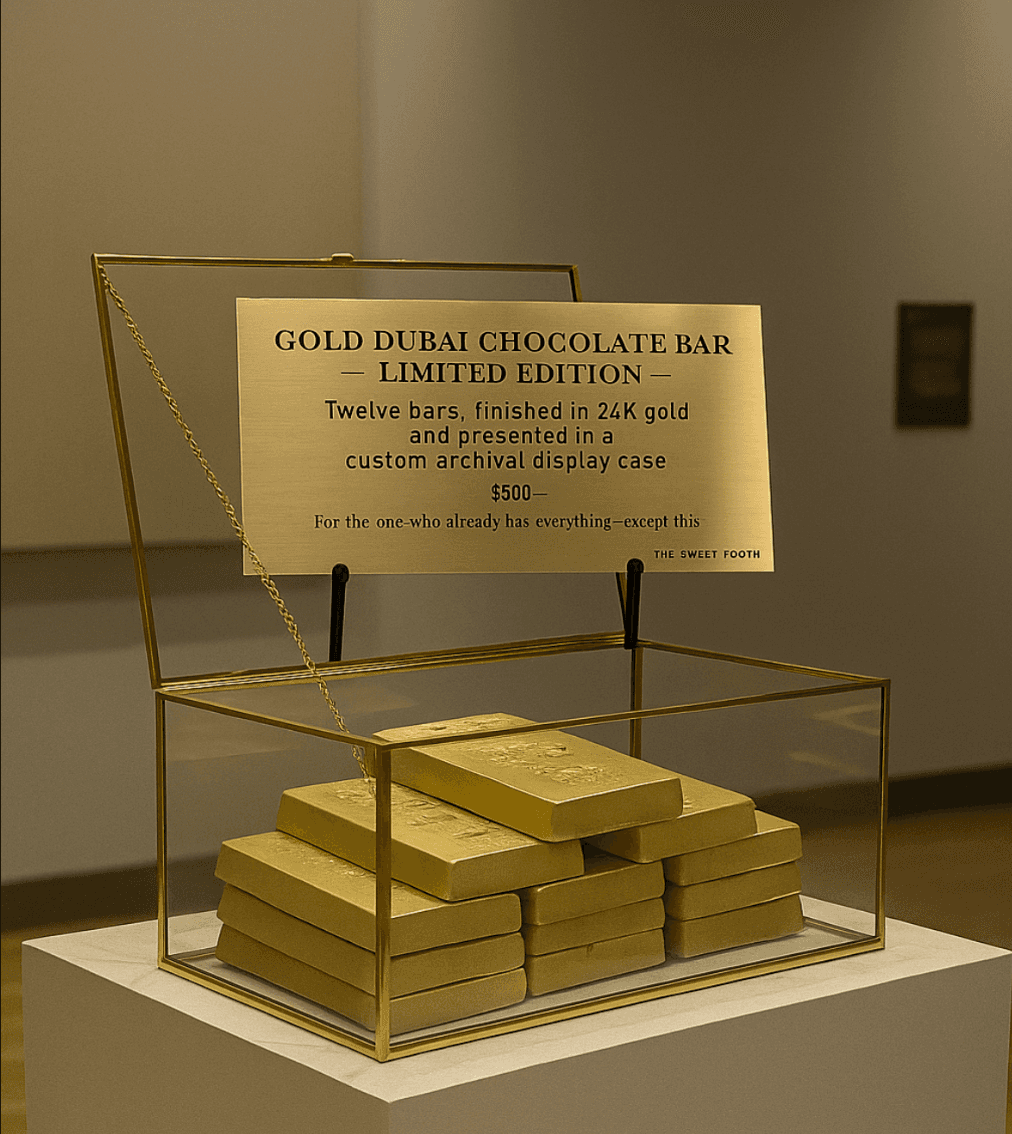 Dubai Gold Chocolate Bar - Limited Edition Luxury set featuring 12 chocolate bars coated in 24K gold, displayed in a glass and gold case. Premium gift for chocolate lovers.