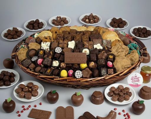 New Years Chocolate kosher gift basket chocolate apples, honey, treats all kosher