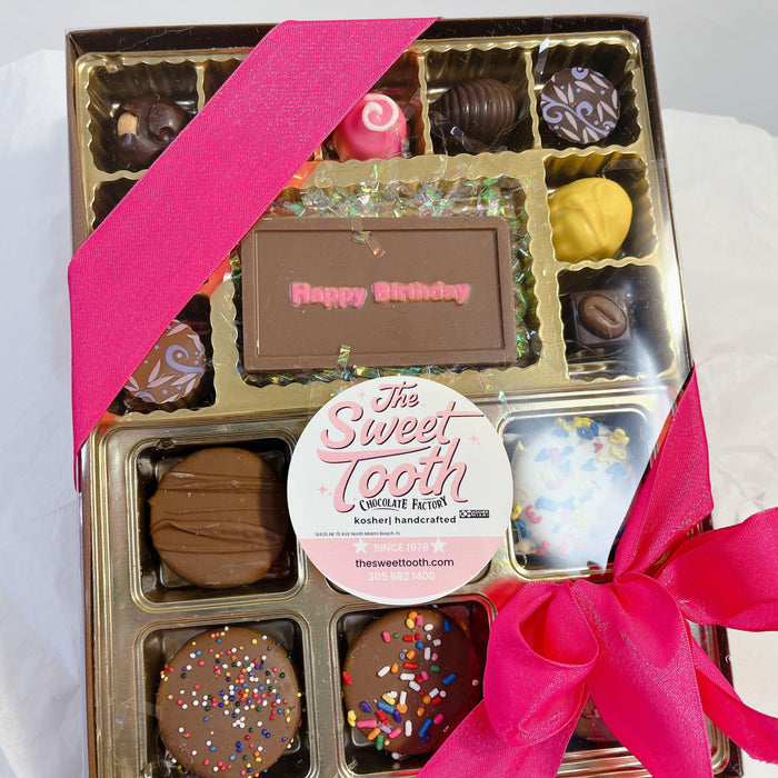 Happy Birthday Say It With Chocolate truffle box with custom plaque and pink ribbon, ideal for gifting on special occasions.