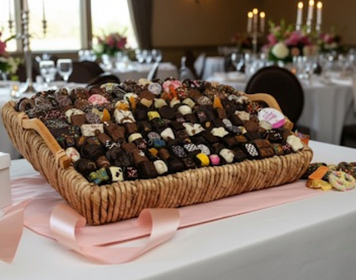 Chocolate gift basket with decorative items on a table in a banquet hall.