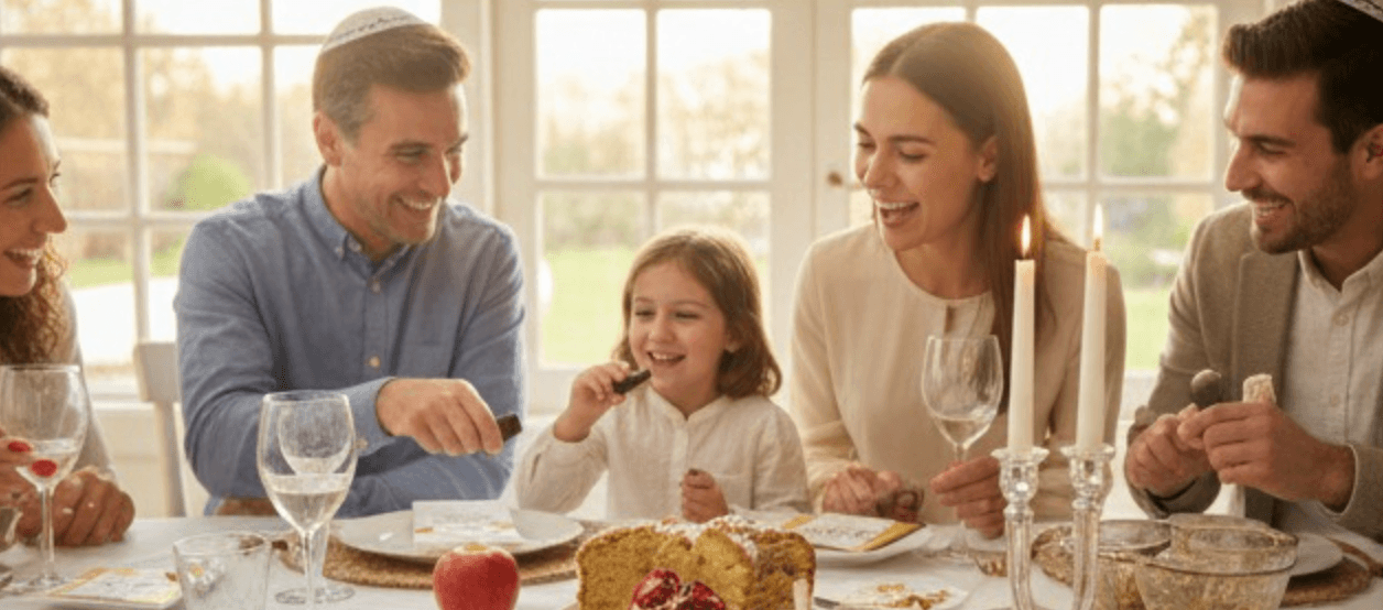 Family of five enjoying a meal together at a dining table with a cake and wine glasses.