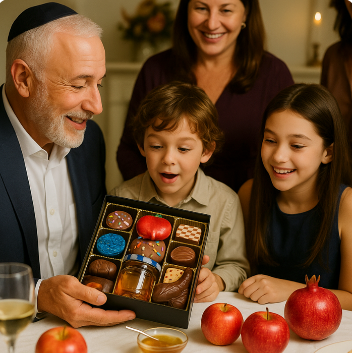 Family gathered around a table with apples and pomegranates,celebrating Rosh Hashanah.