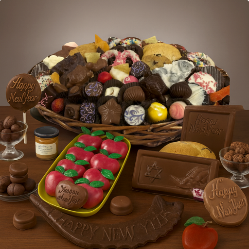 Assorted chocolates and treats on a wooden table with 'Happy New Year' decorations.