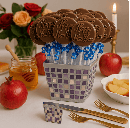 Silver mosaic gift box filled with about 18 chocolate lollipops embossed with 'Happy New Year,' each wrapped in clear cello with blue ribbon curls. The box is set on an elegant Rosh Hashanah holiday table with apples, pomegranates, honey jar, gold cutlery, roses, and a lit candle in the background.