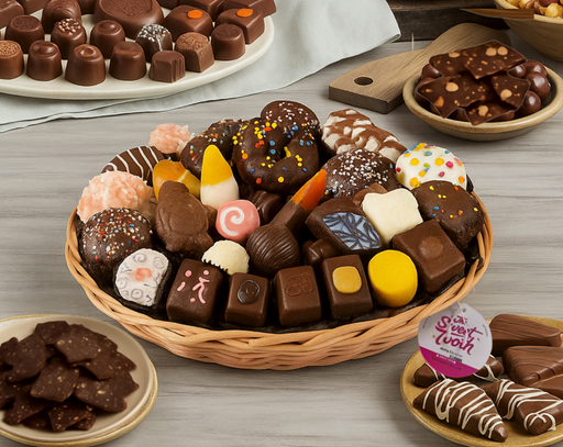 Assorted chocolate candies in a wicker basket on a wooden table.