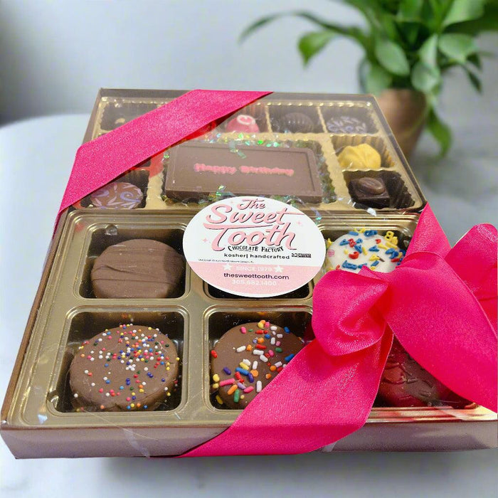 Personalized Happy Birthday chocolate truffle gift box from Say It With Chocolate, featuring festive sprinkles and pink bow.