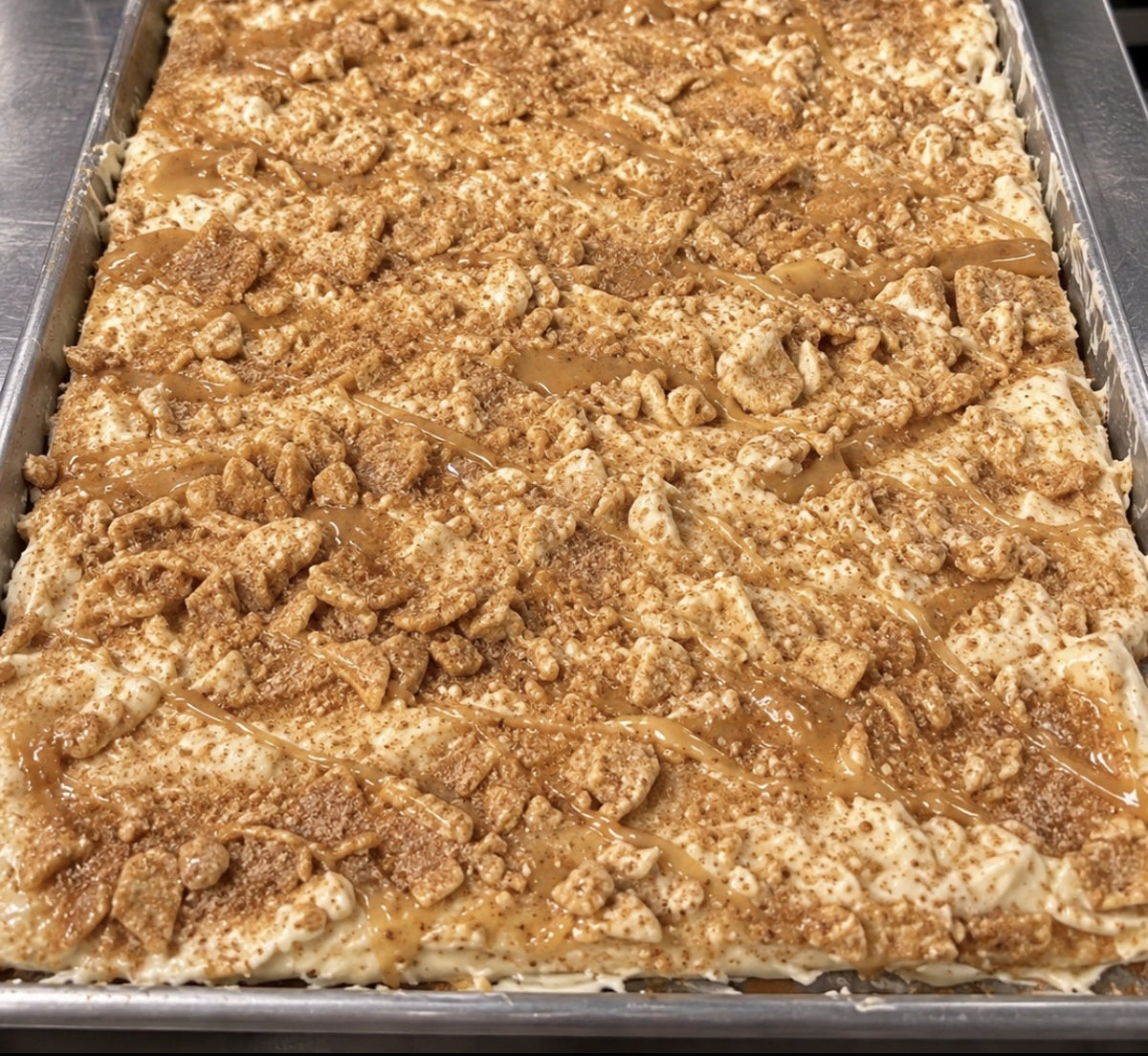 A full pan of Cinnamon Toast Crunch bark at The Sweet Tooth chocolate factory