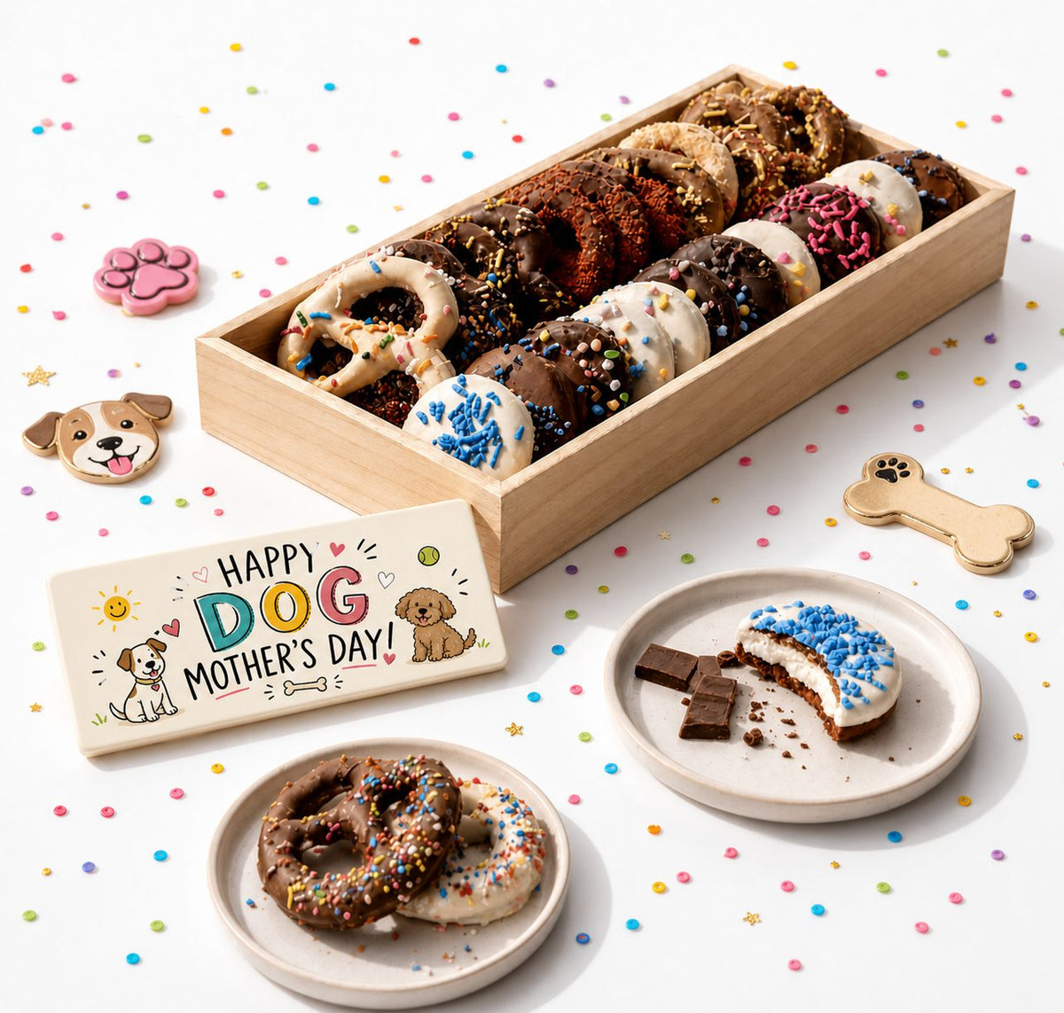 Dog Mother's Day Pretzel and Oreo Tray β 12 hand-dipped chocolate pretzels and 12 chocolate-covered Oreos in a wooden tray, with a Happy Dog Mother's Day chocolate gift card