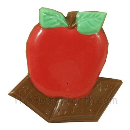 Chocolate Teacher Apple with Book gift featuring a red apple with green leaves on a brown book base, ideal for teacher appreciation gifts.