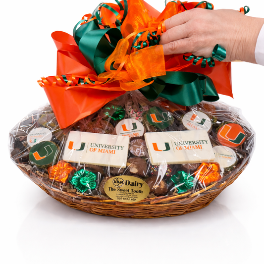 Unique graduation gift: College Acceptance chocolate gift basket customized in school colors from The Sweet Tooth