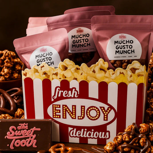 Bag of Mucho Gusto Munch chocolate caramel popcorn with pretzels from The Sweet Tooth chocolate factory in North Miami Beach.