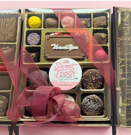 Elegant Thank You Chocolate Gift box assortment with truffles, chocolate dipped oreos, and our signature "Thank You" chocolate gift card plaque. 