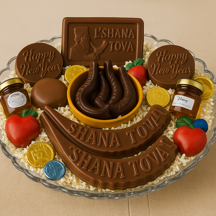 Rosh Hashana chocolate platter with shofar and plaques, honey, chocolate apples