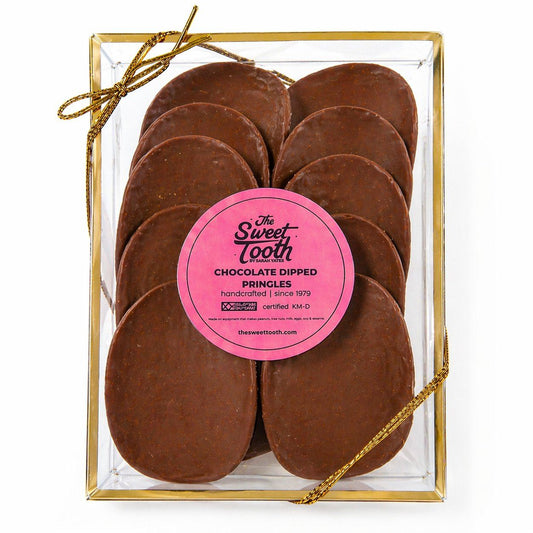 Chocolate covered Pringles 12-pack gift box handcrafted in North Miami Beach by The Sweet Tooth — Kosher Miami certified, available for same-day delivery in Miami, Aventura, Sunny Isles Beach.