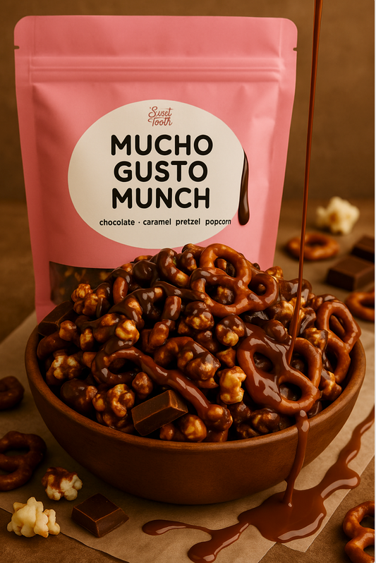 Mucho Gusto Munch chocolate caramel pretzel popcorn snack in bowl.