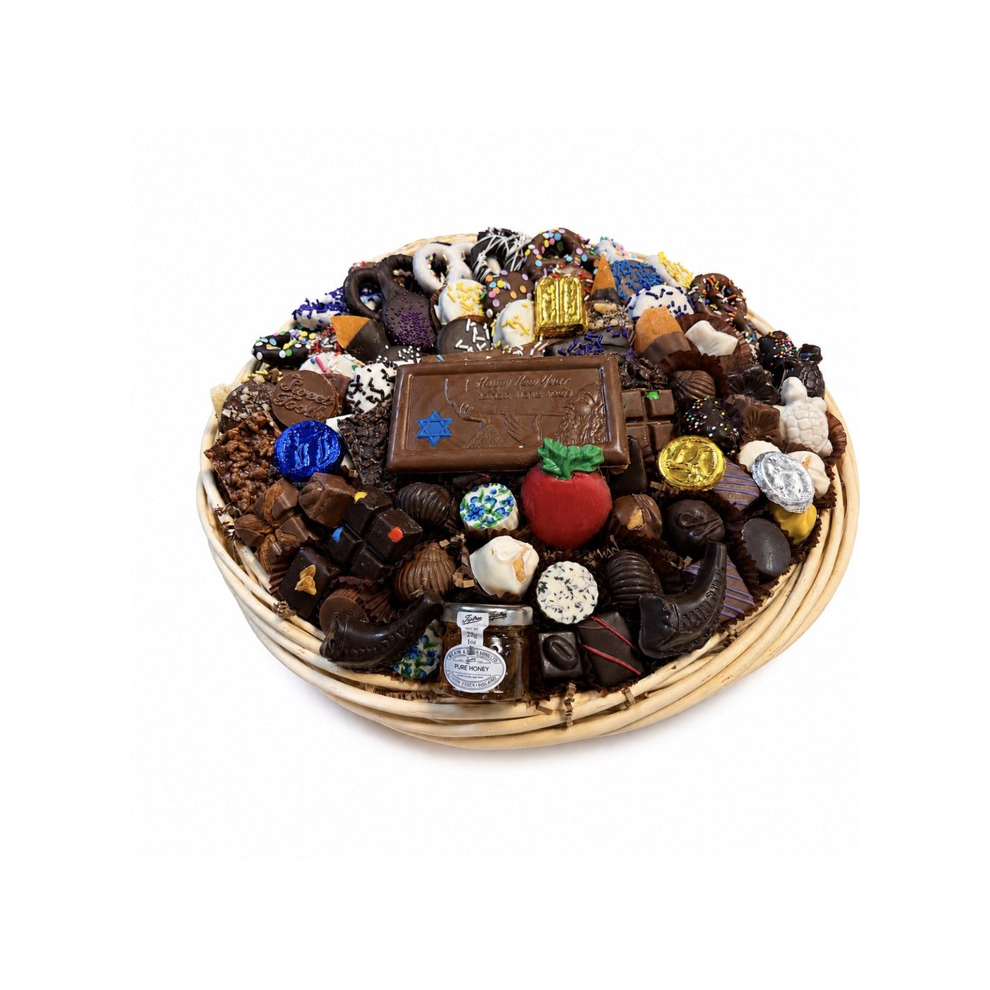 Extra large kosher Rosh Hashanah chocolate gift basket with Shana Tova chocolate bar, honey, chocolate shofars, gold coins and assorted truffles - The Sweet Tooth