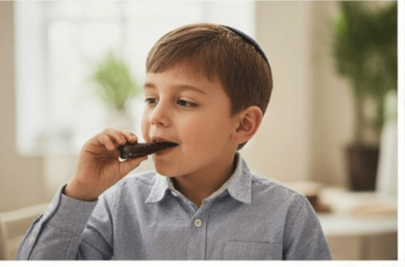 Young boy eating chocolate in a casual indoor setting Rosh Hashana 