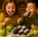 Two children enjoy a 6-pack Rosh Hashanah Chocolate Apple Sticks, featuring crisp apples dipped in Belgian chocolate with festive toppings.