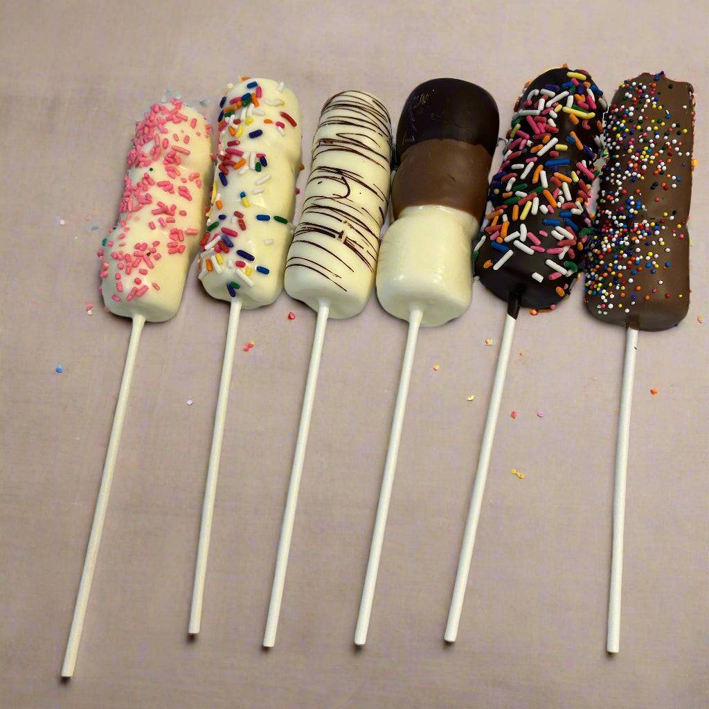 Assorted Passover marshmallow sticks dipped in premium milk, dark, and white chocolate with colorful sprinkles and drizzles.