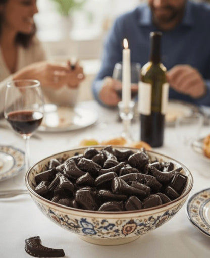 Bowl of chocolate shofars for Rosh Hashana  a table with people and wine in the background