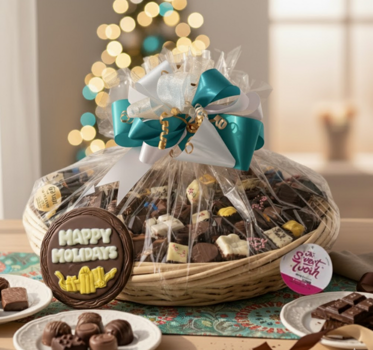 Ribbons and bow wrapped chocolate corporate gift basket