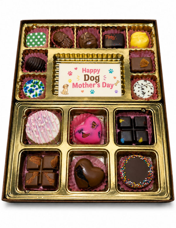 Dog Mother's Day Truffle Box — 12 hand-finished chocolate truffles with a Happy Dog Mother's Day white chocolate plaque centerpiece