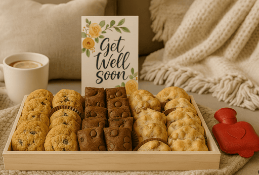 Assorted cookies in a box with a 'Get Well Soon' card, mug, and hot water bottle on a cozy blanket.