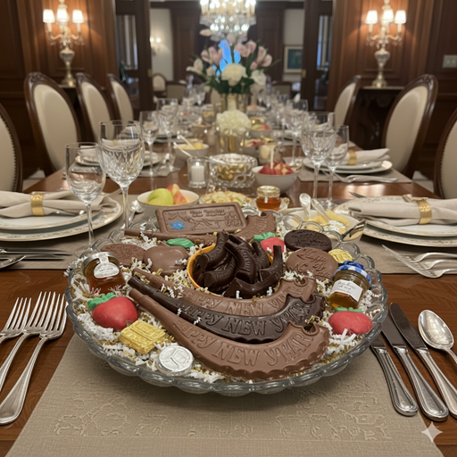 Dining table set with a large chocolate Sweet  Tooth centerpiece, surrounded by plates, glasses, and silverware.