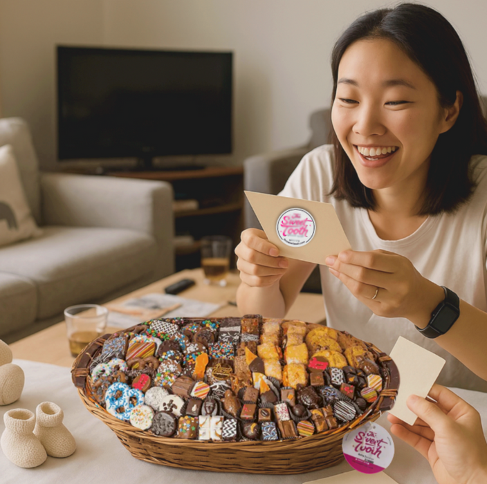 Woman holding a card with a sweet tooth logo next to a basket of chocolates.