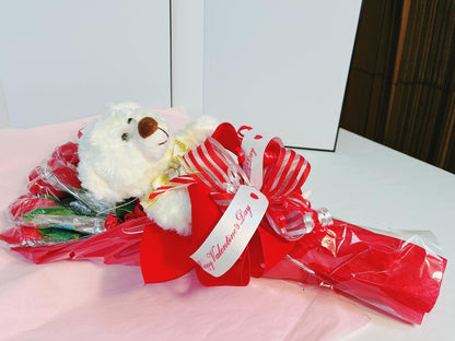 Side view of Valentine’s bouquet with teddy bear and chocolate roses, included in The Ultimate Valentine’s Day Bundle.