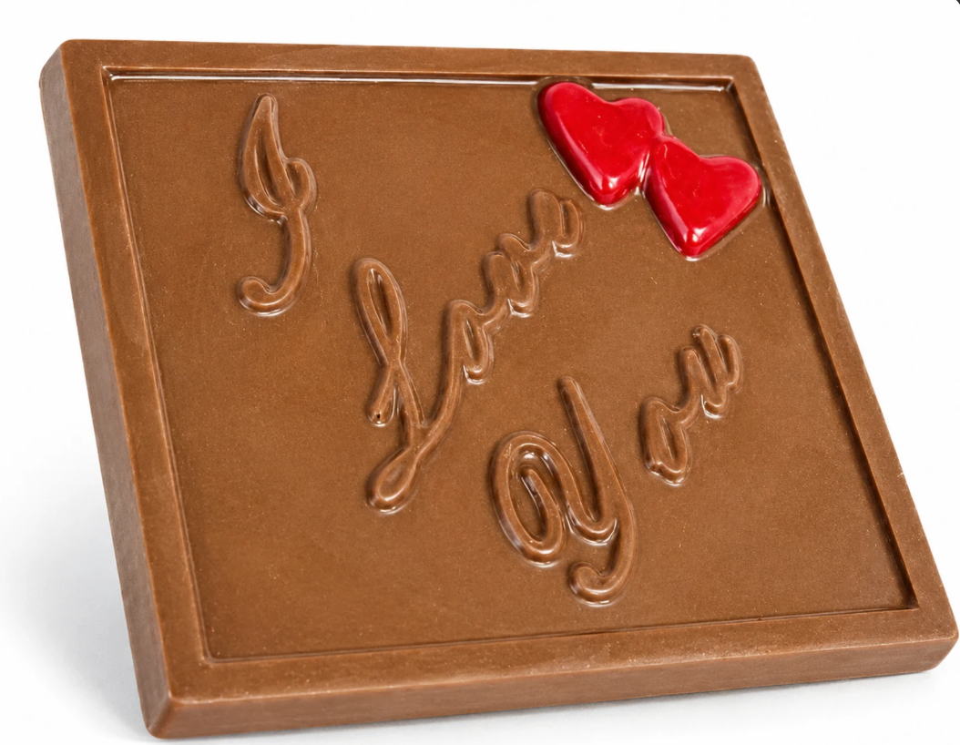I Love You chocolate plaque with red hearts