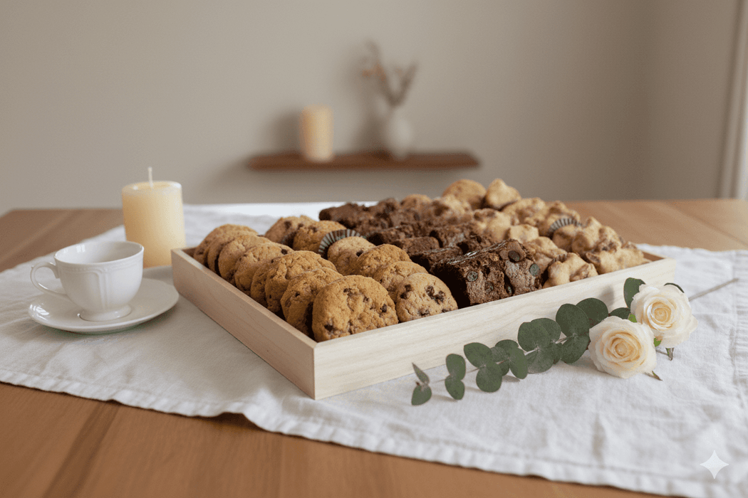 Assorted cookies on a tray with a cup of tea and candle on a wooden table.