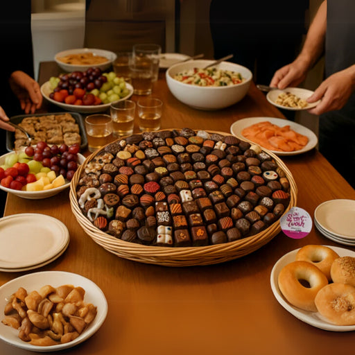 Assorted  chocolate and pastries in a large basket on a table with various other food items and people around.