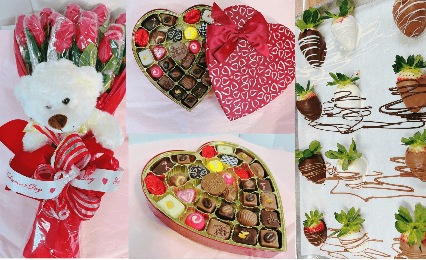 The Ultimate Valentine’s Day Bundle featuring heart-shaped chocolate box, chocolate-covered strawberries, and rose bouquet with teddy bear.