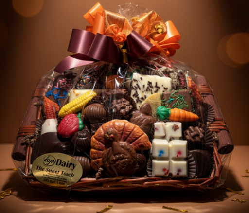 Chocolate Thanksgiving Med Basket on table with orange bow and chocolate turkey