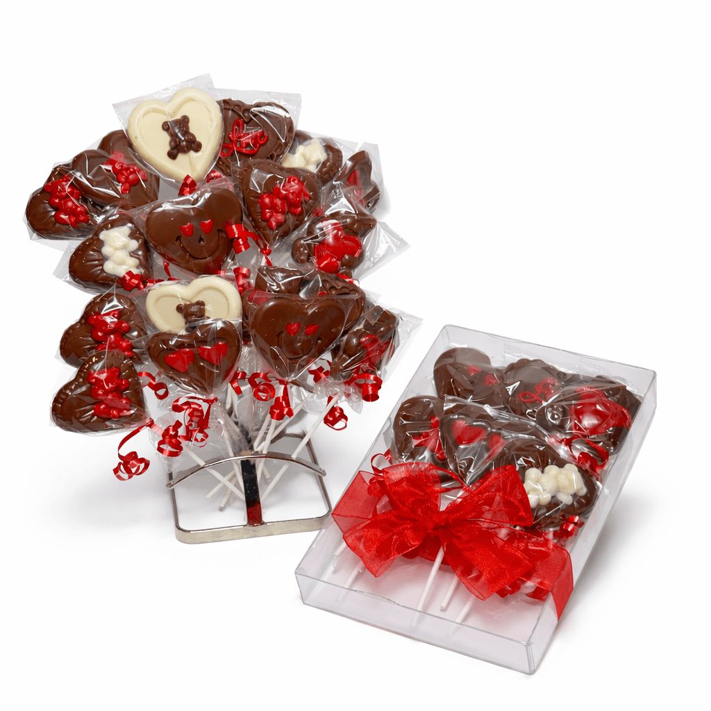 Valentine’s Chocolate Lollipops, 6-count gift box with chocolate heart-shaped & bear lollipops.