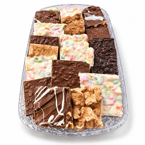 Bark sampler tray with Cinnamon Toast Crunch, Fruity Pebbles, Sea Salt Hazelnut and Chocolate Krisp chocolate bark