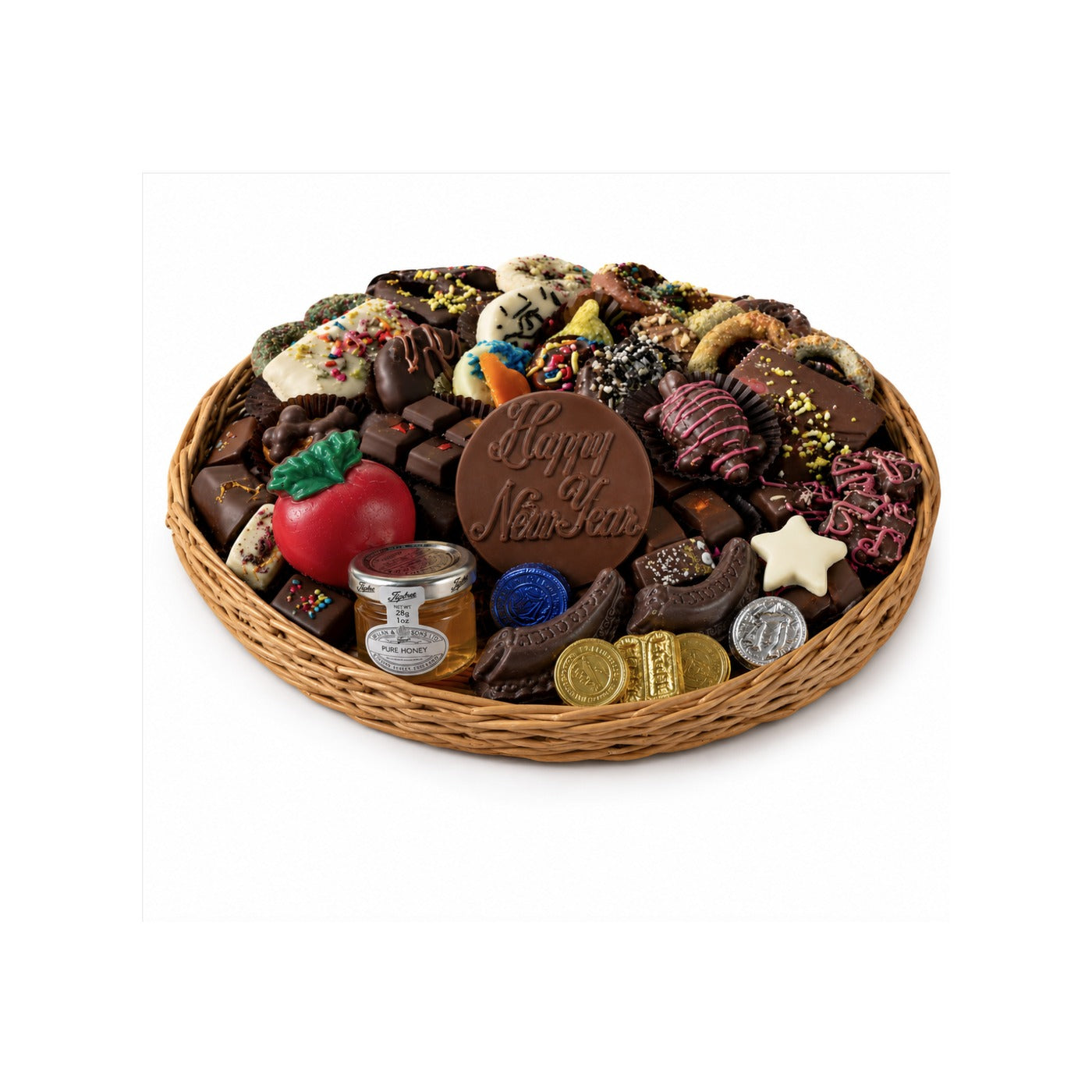 Rosh Hashanah medium round chocolate gift basket with Happy New Year chocolate medallion, Tiptree honey and chocolate gelt - kosher, The Sweet Tooth
