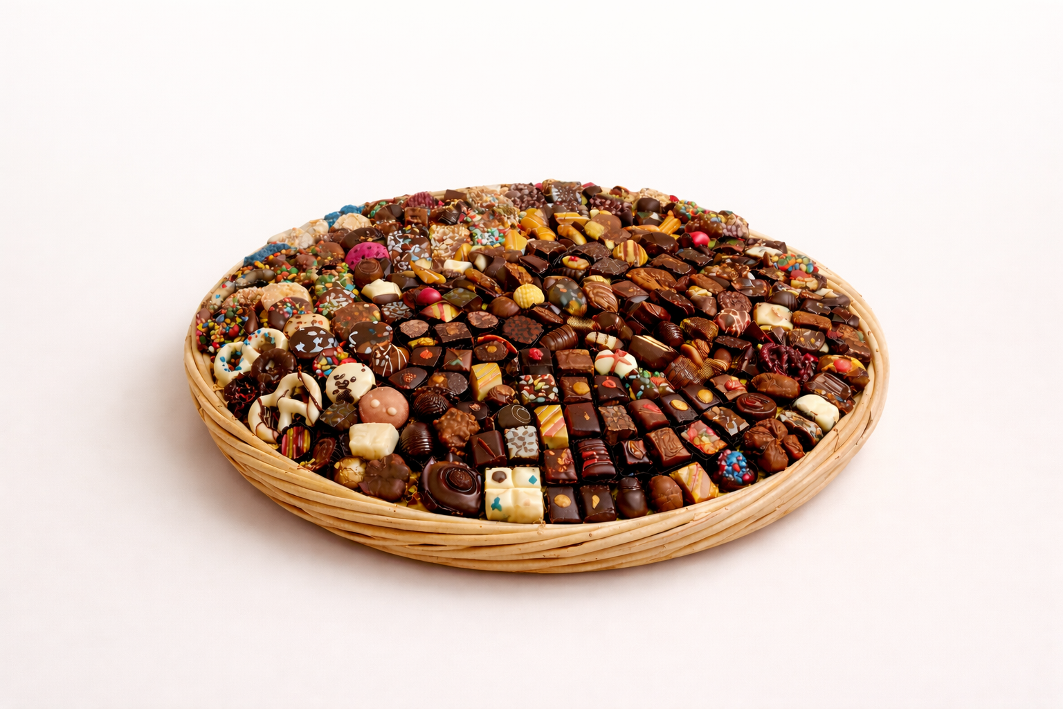 Wicker basket filled with a variety of small, square-shaped chocolates on a white background