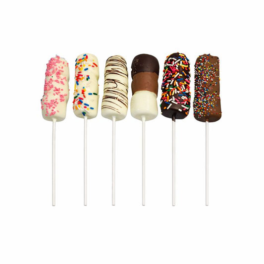 Assorted chocolate-dipped treats on sticks with different toppings on a white background handcrafted treat The Sweet Tooth North Miami Beach since 1979
