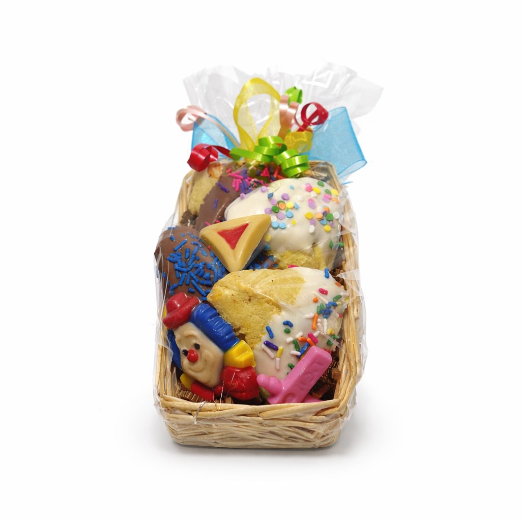 Purim chocolate gift basket with hamantashen and festive chocolates, holiday ready gifting The Sweet Tooth North Miami Beach since 1979