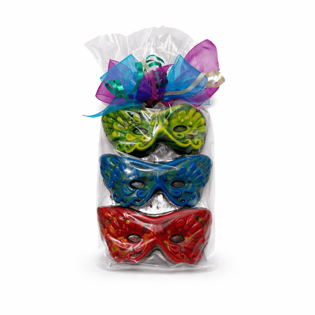 Purim chocolate mask trio in festive colors handmade gift The Sweet Tooth North Miami Beach since 1979