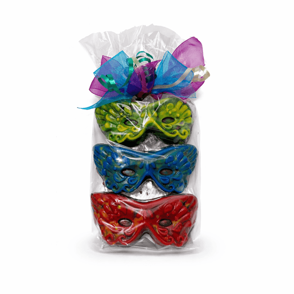 Purim chocolate mask trio in festive colors handmade gift The Sweet Tooth North Miami Beach since 1979