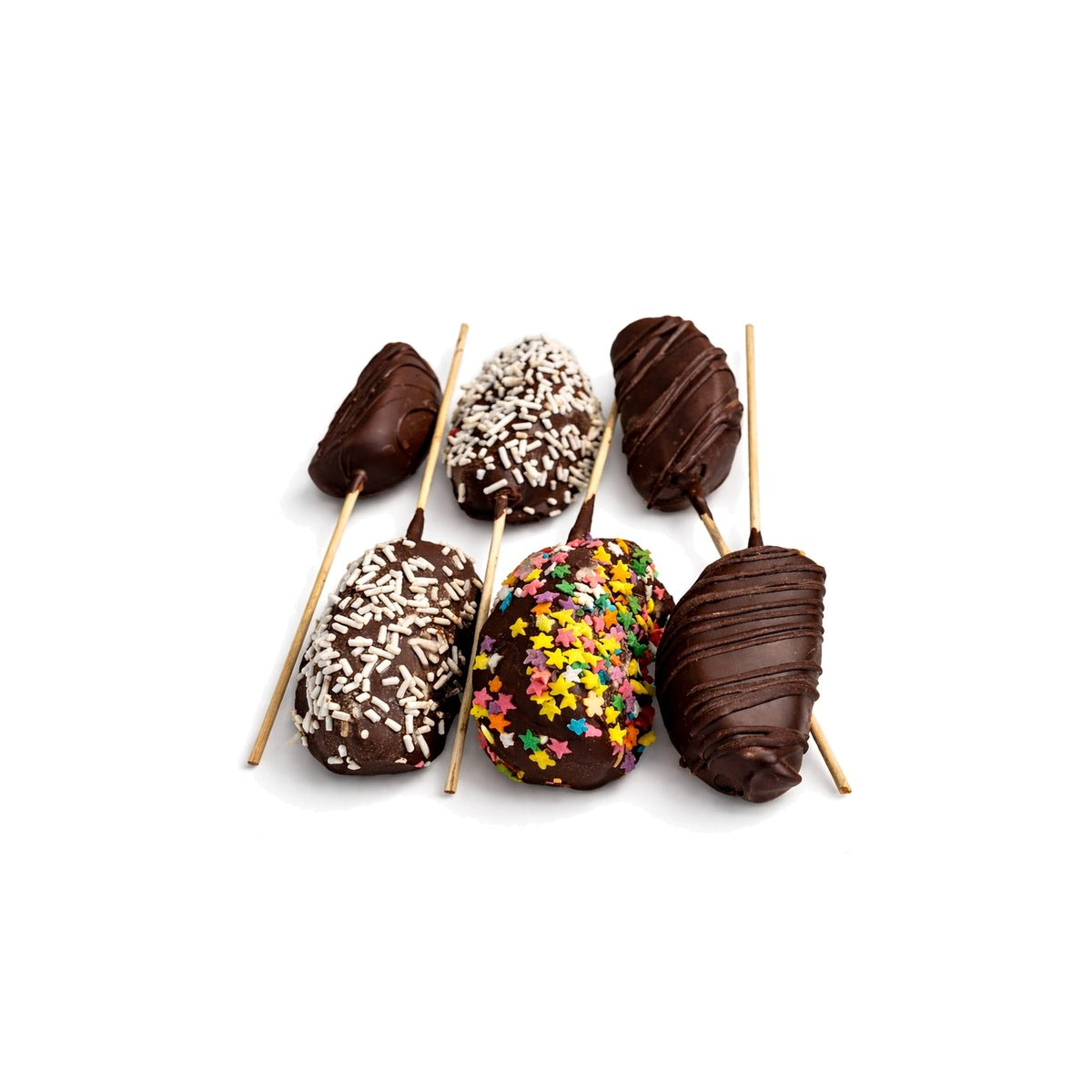 Six chocolate-dipped apple sticks, dairy or parve/vegan